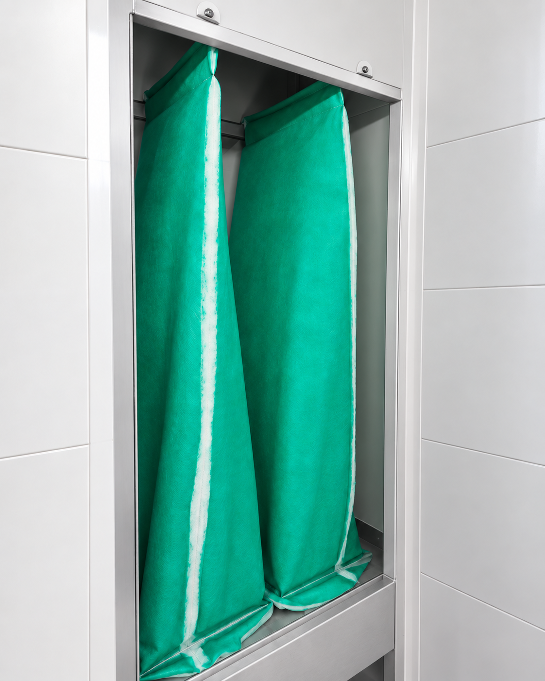 Two green and white exhaust filter bags installed vertically in a support frame