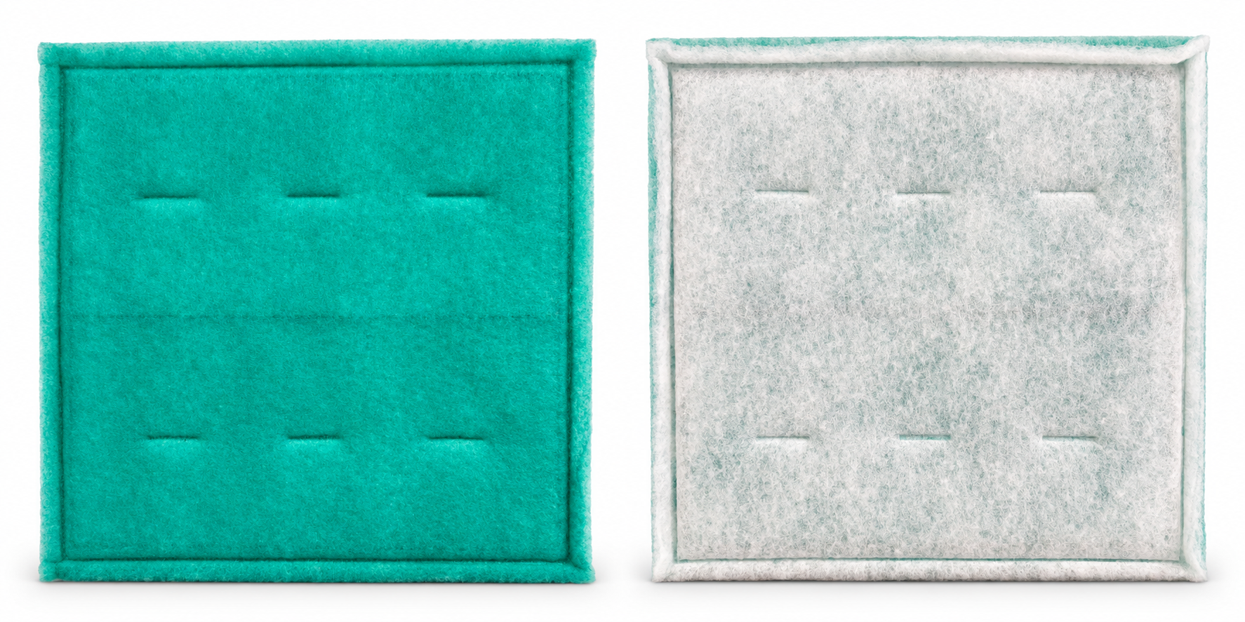 Green and white intake filter panel shown from the front and back