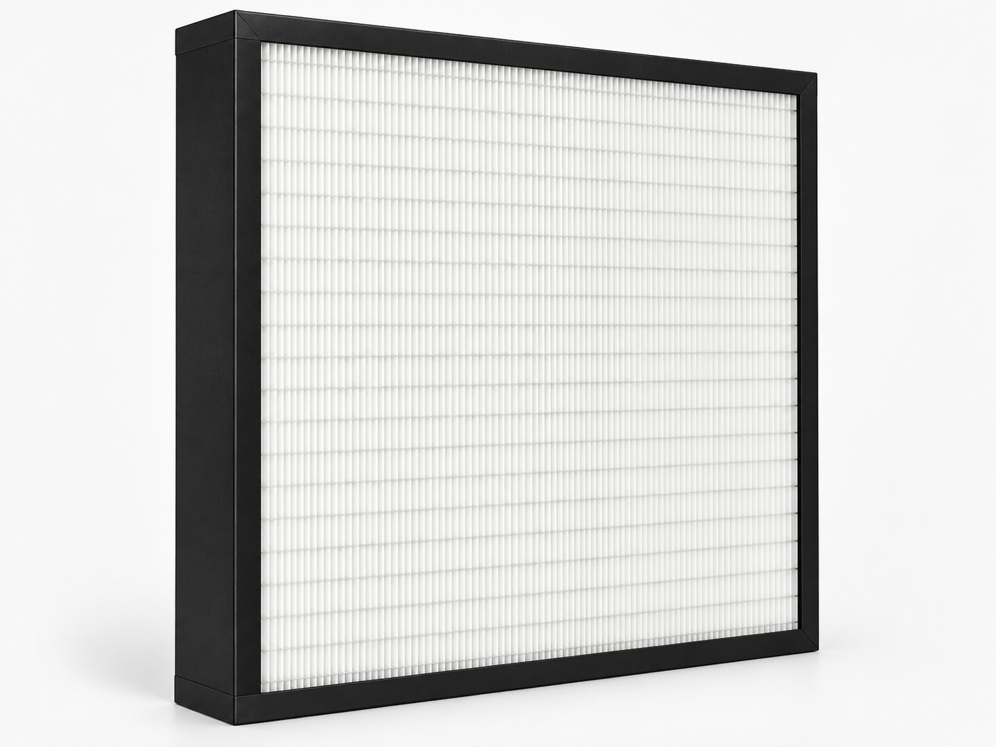 Mini-pleat filter panel with a black frame and white pleated media